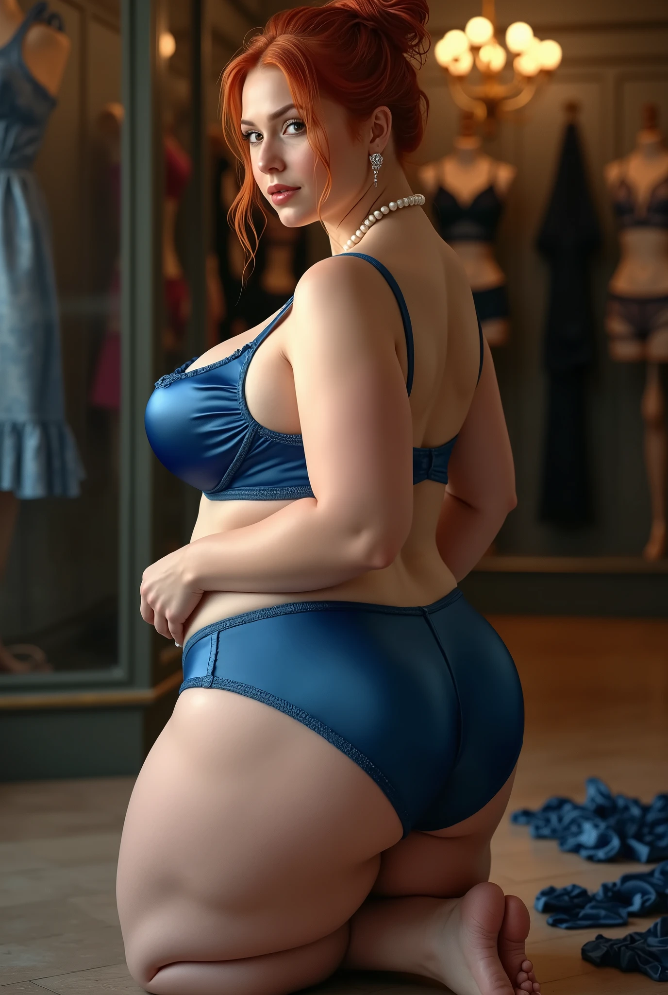 27 year old woman, five feet tall, chubby, beautiful face, light freckles, light reddish blonde hair, Blue eyes, full lips, wide and thick hips, C cup , round belly, Sweet smile, kind eyes, standing by the front door of a brick house, transparent lingerie