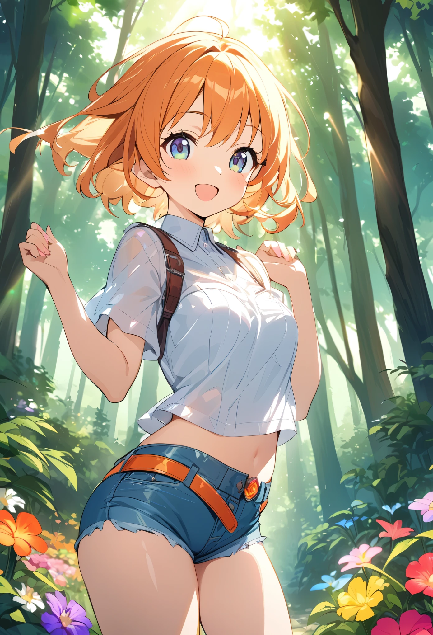 Young girl、Very cute、small、Firm breasts、Denim hot pants、Orange Hair、High quality backgrounds、Forest with sunlight shining through、Colorful flowers、Vision、Cheerful attitude