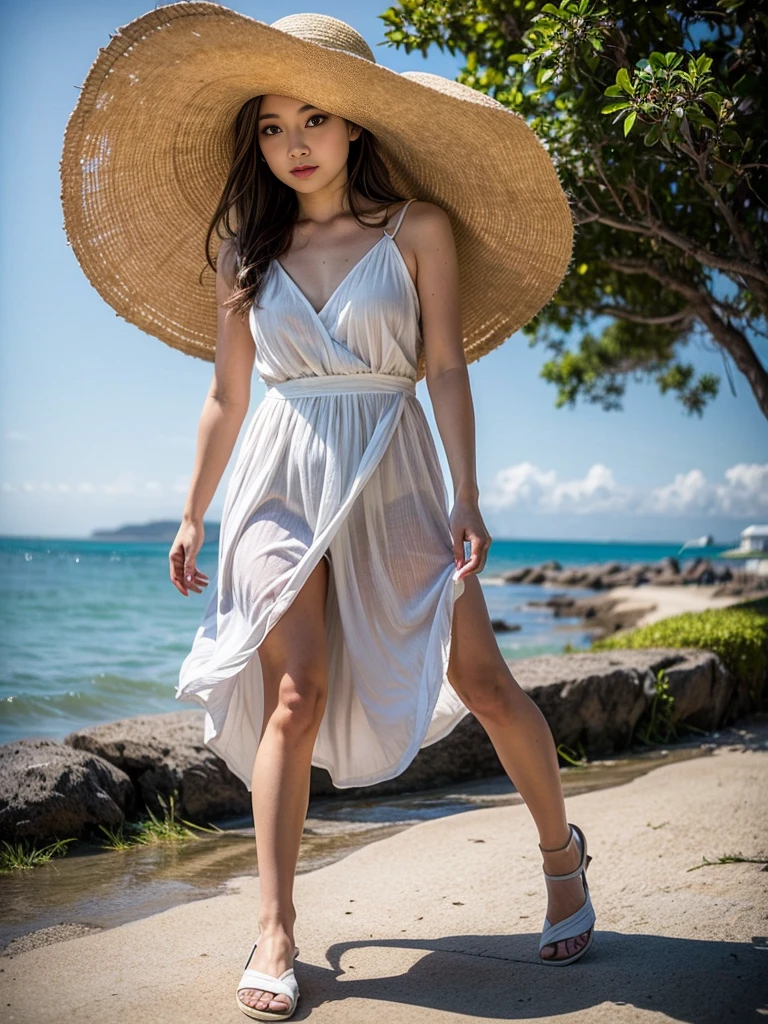 (in 8K、Raw photography、top-quality、masterpiece:1.2)、ultra-detailliert、Live-action girl、View of the veranda with a view of the sea、Side view of Japan realistic girl looking at the sea、white dres、Wearing a cute straw hat、The straw hat is about to be blown away by the wind and is held with one hand.、The wind is blowing the dress and hair、Profile of cute smiling girl with realistic and delicate details、Raw Video、