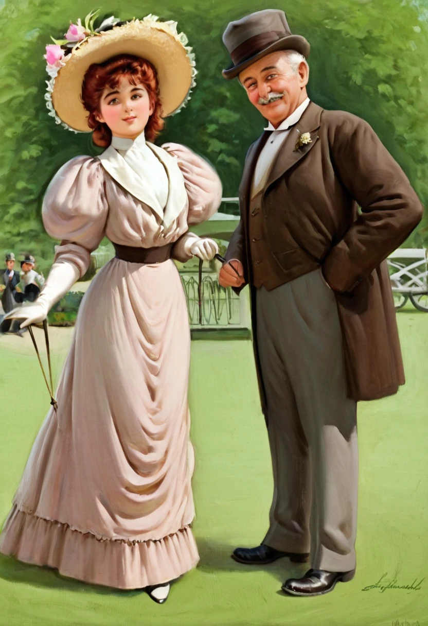 A gorgeous 14yo Gibson Girl (((seducing a horny 69yo gentleman))) in a park. Year 1902. 1900_dr3ss and hat. Girl with an hourglass figure wearing an elegant Edwardian outfit and a small flower-brimmed hat. Young girl and old man. Man taller than girl