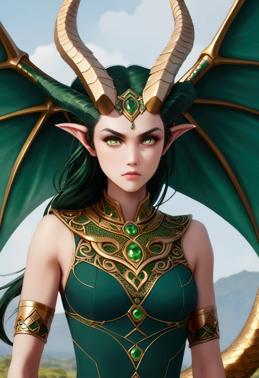 A dragon woman with dragon wings and horns, greenish green with golden ornaments, high jump, tall and thin woman, olhos ruby, serious face, facing, facing the screen.