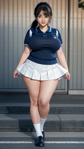 (Japanese fat girl, young, Morbidly obese), (dark blue, school uniform very short skirt, Fabric), (Full body display down to the toes) , ( polo shirt, White fabric, Blue collar) , (standing, open street , Shinjuku), (160cm, 120kg), (smiling, small lips, cute face, bigger eyes ), (tanned skin, gal), (((High resolution face))), (school shoes, Loafer) , ( Very profuse sweating), (thick thighs、thick legs、thick below the knees、thick ankles), (Angle diagonally behind the back, from below, turn around), no brassiere, (((gigantic breasts, elect nipples, huge areola))), (ponytail, blue big ribbon), sexy panty, (skin without fine lines)