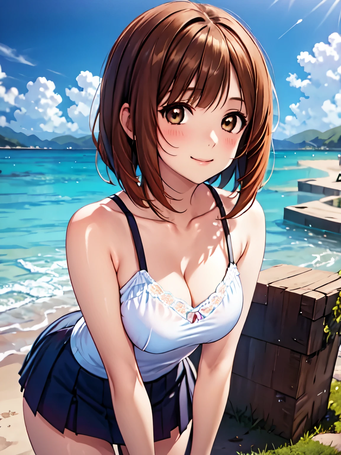 (masterpiece, Best Quality:1.2), One girl, West_Miho,Side shot、(Anime illustration style:1.3),Nishizumi、Beach、play、Goth Clothing、Dress、Beauty, hair_ 茶hair、 Bobcut、Absolute reference to the center、smile、Closed Mouth、Very detailed eyes、Highly detailed face, Highly detailed eyes,Cowboy Shot, (Realistic, Photorealistic:1.2), ((Best Quality)),Leaning forward