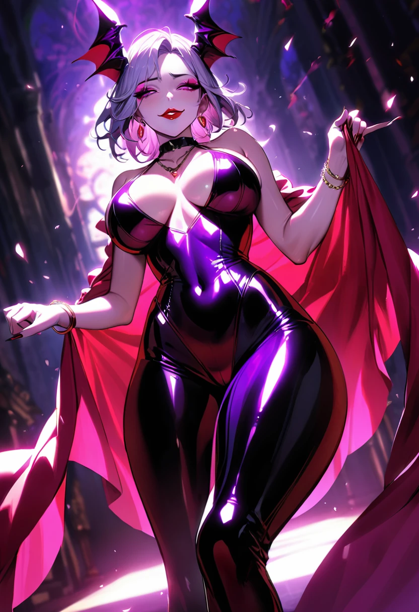 1 mature and seductive woman,(Best Quality,Extremely detailed depiction,Incredibly absurd high definition,Anatomically accurate,Curvy Legs,Shiny skin,Porcelain-like skin),(Bewitching Succubus:1.3,Queen),(Shiny latex,tights),eyelash,(Glowing purple eyes,Crazy Eyes,Large Breasts,A seductive smile,Glossy red lips,Flashy makeup,Eyeshadow,Seductive gestures,Half-closed eyes:1.5),Luxury accessories,earrings,necklace,Bracelet,whole body,From below:1.3