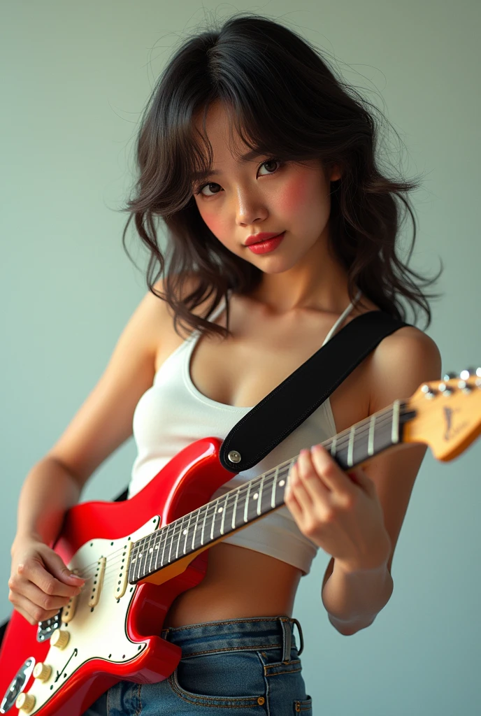 RAW image quality、top-quality、​masterpiece、超A high resolution、(Photorealsitic:1.4)、Raw photo、1girl in, 14years, japanes, A dark-haired, Shorthair, Sexy snow white underwear, Big beautiful eyes, (Playing electric guitar:1.4), Bedroom background, solofocus, (depth of fields, Ambient lighting, Blurred foreground, blurry backround:1.3), Atmosphere, Light flare, intricate detailes, enhanced lighting、Two arms、Biologically correct limbs,