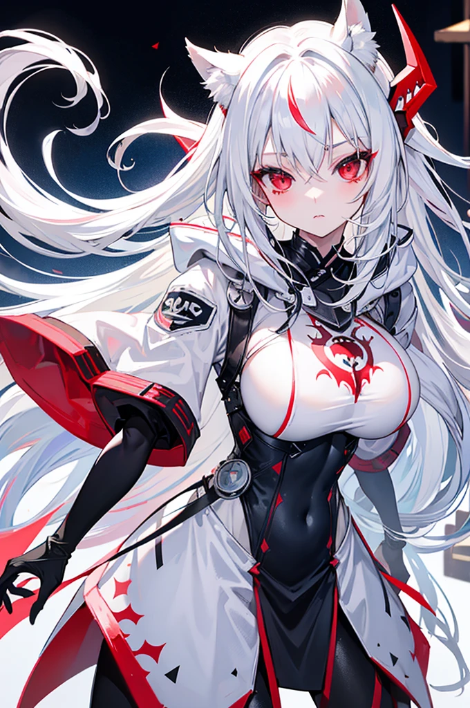 A busty girl with white hair and red eyes