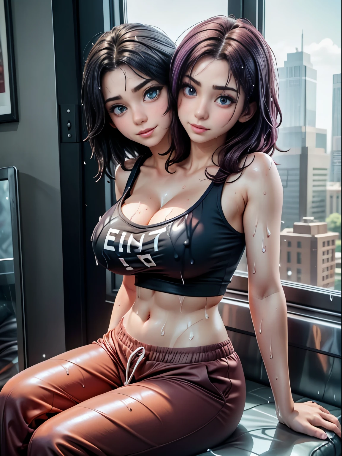 2girls, kissing, green eyes, smiley, black hair, blue gradient hair, short hair, cropped hoodie underboob cut, blue leggings, skinny waist:1.3, huge breasts, huge hip, navel, underboob cut hoodie(detailed face:1.2), (detailed eyes:1.2), (plain color background), white wall