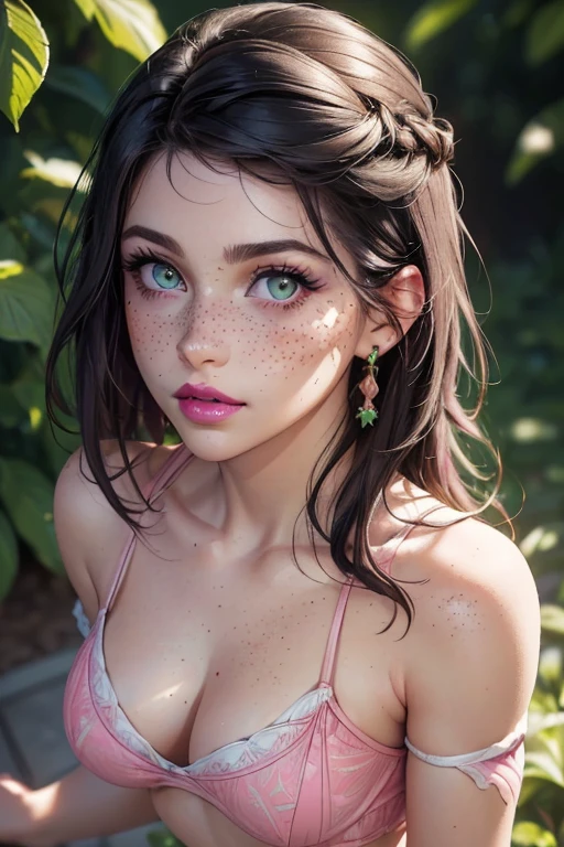 (masterpiece, best quality, hires, high resolution:1.2, 4k, 8k , high quality), extremely detailed, realistic, intricate details, highres, 1girl, solo, long hair, green eyes, blush, freckles, arched back,(cinematic lighting, sunlight, perfect lighting, backlighting), eye-level shot, extreme close-up-shot, looking at viewer,
upper body portrait, tattoo, shirt, Curly Top Knot, hair over eyes,