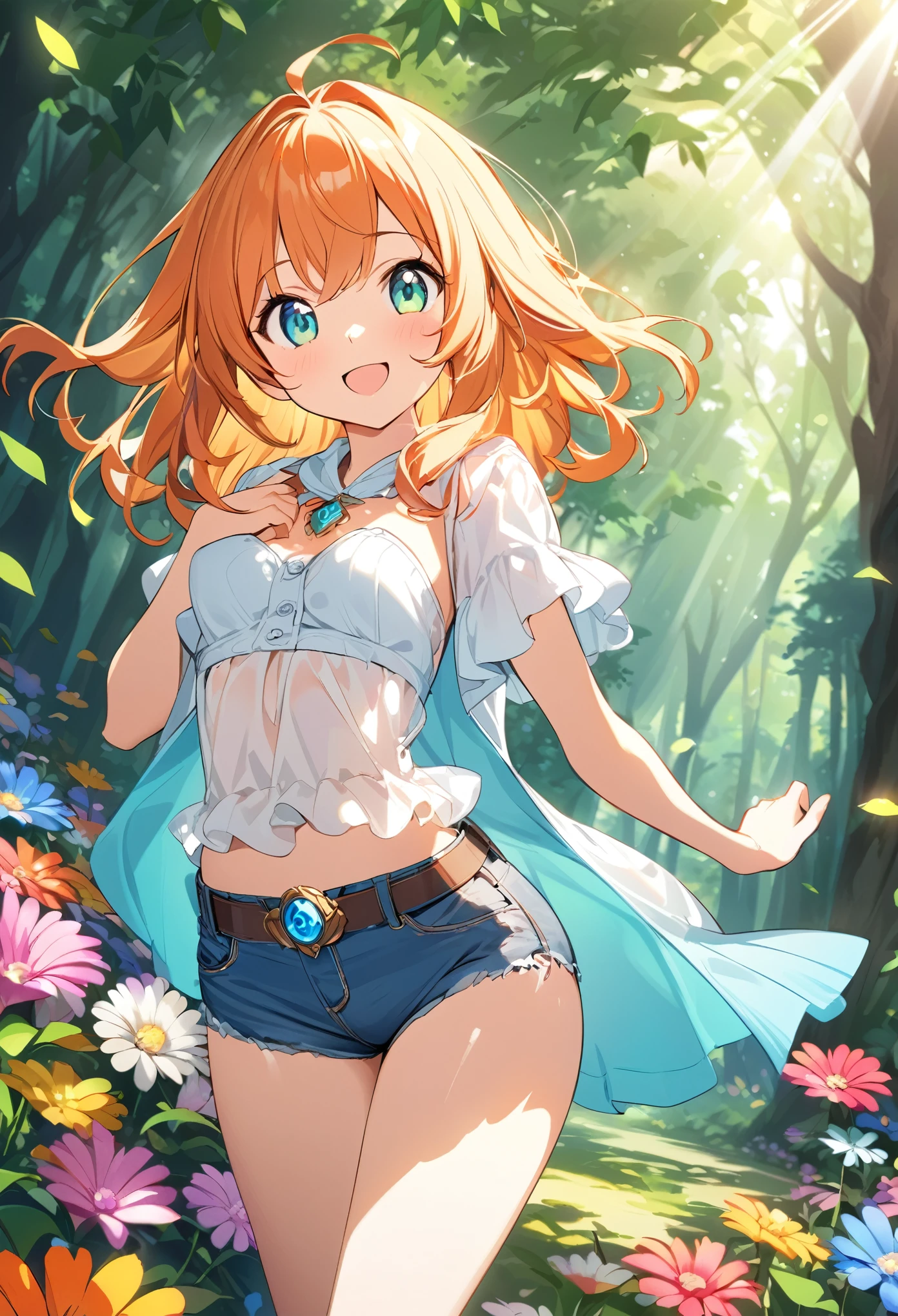 Young girl、Very cute、small、Firm breasts、Denim hot pants、Orange Hair、High quality backgrounds、Forest with sunlight shining through、Colorful flowers、Vision、Cheerful attitude