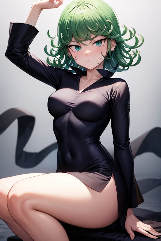 (1 girl, Alone, Masterpiece, 4k,  Best Quality:1.2, (cowboy shot), Best Quality:1.2, good hands, showy, (perfect hands, perfect anatomy)), 
Tatsumaki, black dress,  tight dress, neckline, ((small breasts, medium hips, looking at the viewer)),  pelvic curtain, latex,  short hair, green fur,  (((arms up, hands behind head, hidden hands))), 
((simple background, White background)),  