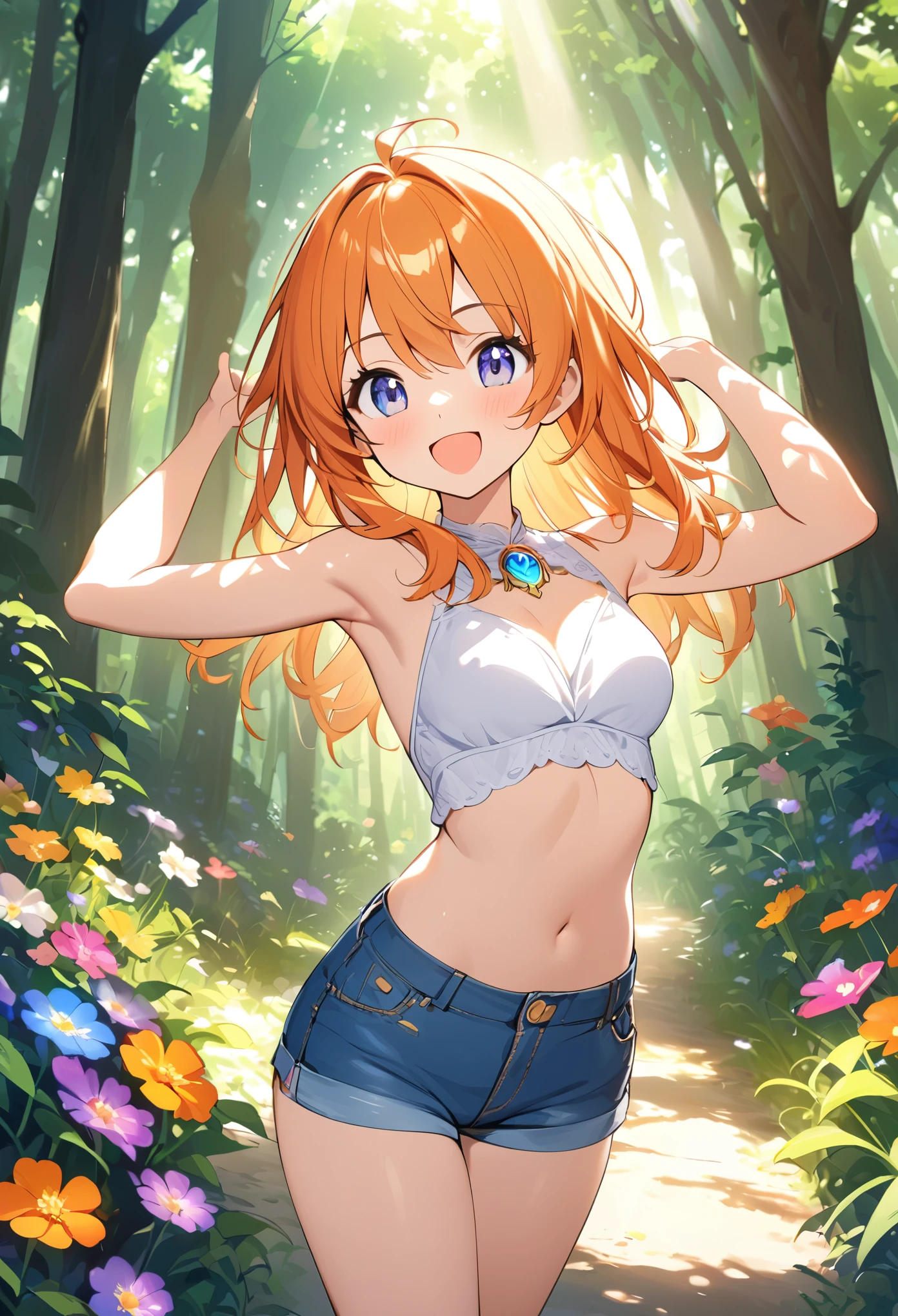 Young girl、Very cute、small、Firm breasts、Denim hot pants、Orange Hair、High quality backgrounds、Forest with sunlight shining through、Colorful flowers、Vision、Cheerful attitude