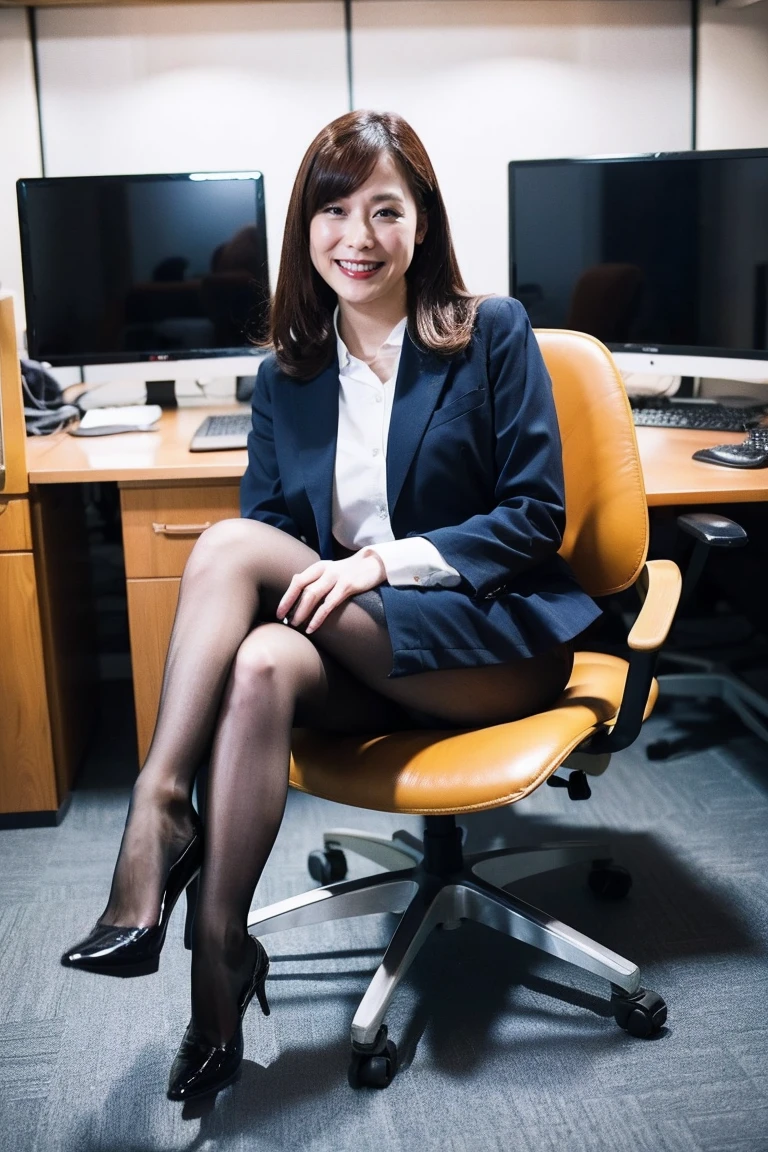 Best Quality, masterpiece, Realistic, High resolution., 8k　RAW Photos,Alone, One girl, Age 30、sitting in an office chair、smile、Spread your legs wide、business suit、High heels