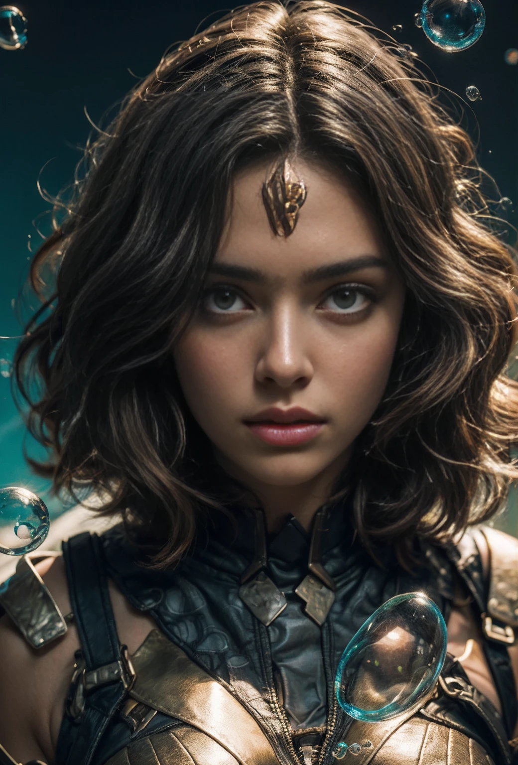 (Highly surreal, realistic illustration, realistic photo), (Masterpiece), (Top quality), (Official art, Highly detailed CG Unity 8k wallpaper), (Highly detailed), ((Outrageous)), 1 girl, Beautiful face with perfect symmetry, Wonder Woman suit, Short curly hair, Blonde hair, Beautiful face, Masterpiece, Exquisite details, Complete anatomy, Stars in the eyes, All kinds of colorful bubbles, Glass, Perfect symmetry, (((Colored bubbles))), Colorful glass, (Expansive space, Dramatic lighting), Soft light, Cinematic,