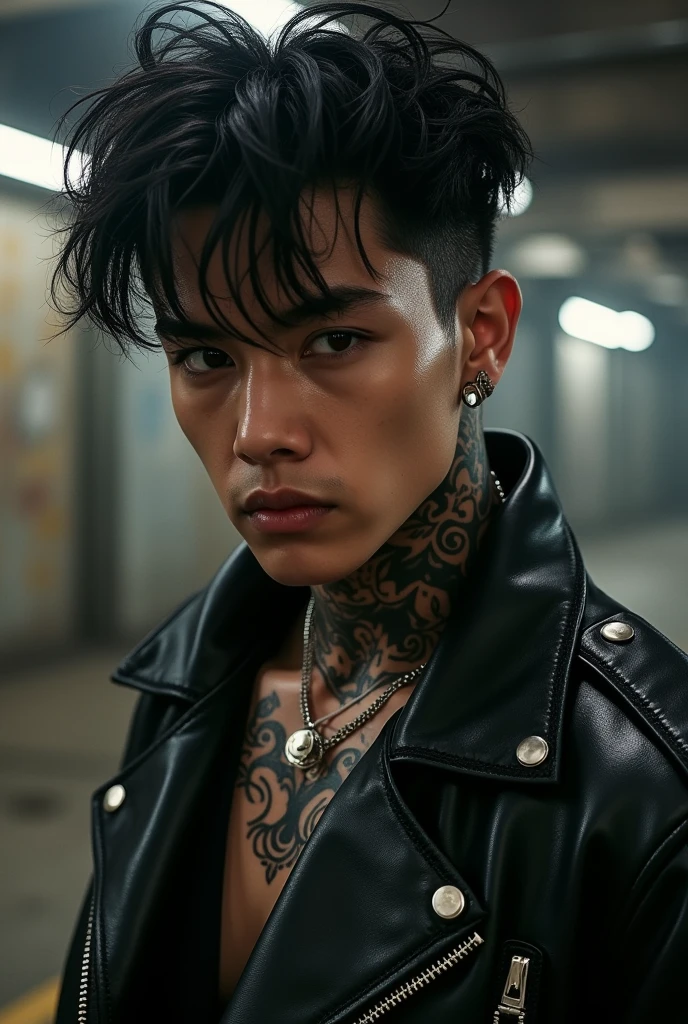 Black haired man l, golden eyes scar on one eye , pink mouth, shoulder tattoo, light brown