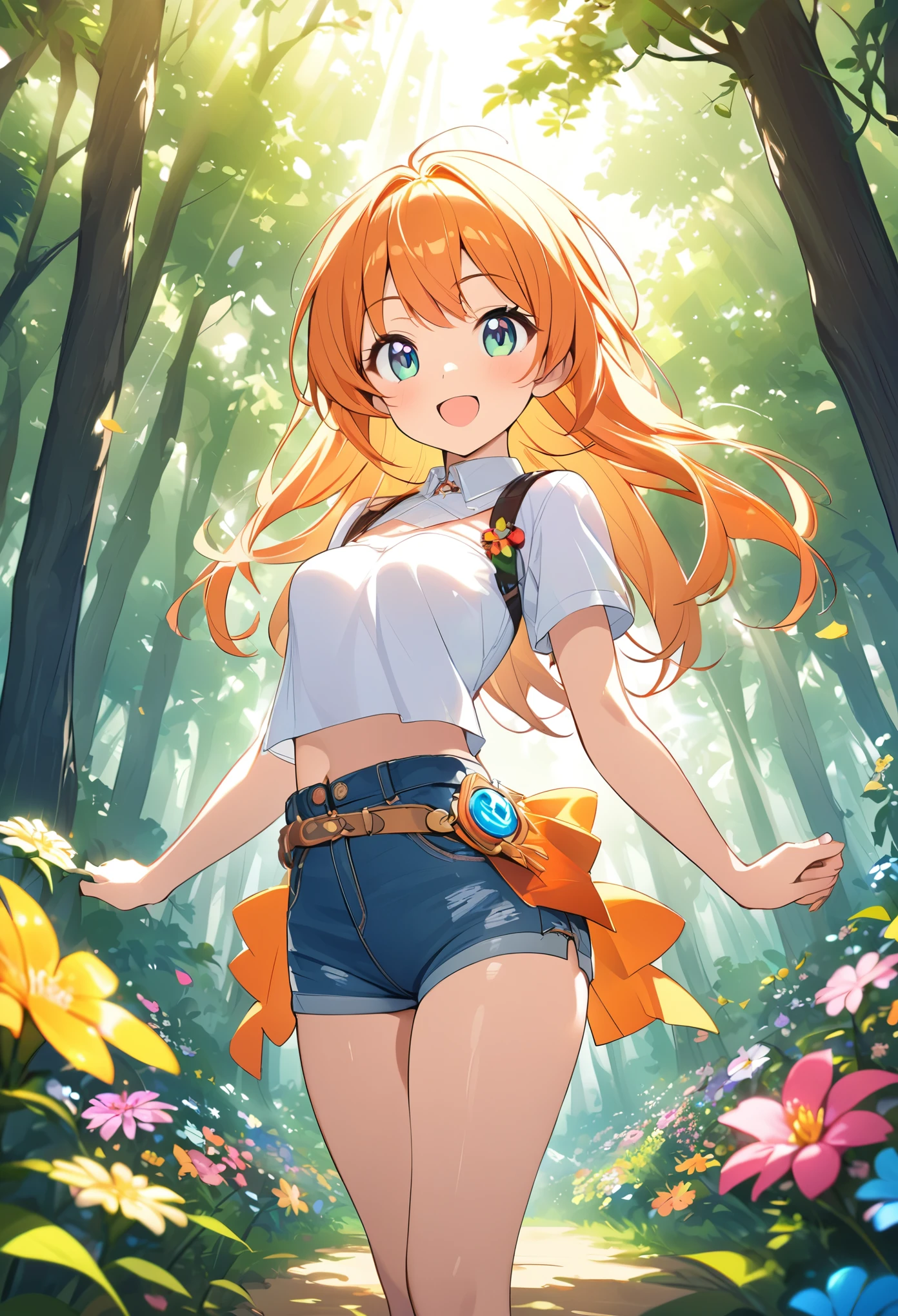 Young girl、Very cute、small、Firm breasts、Denim hot pants、Orange Hair、High quality backgrounds、Forest with sunlight shining through、Colorful flowers、Vision、Cheerful attitude