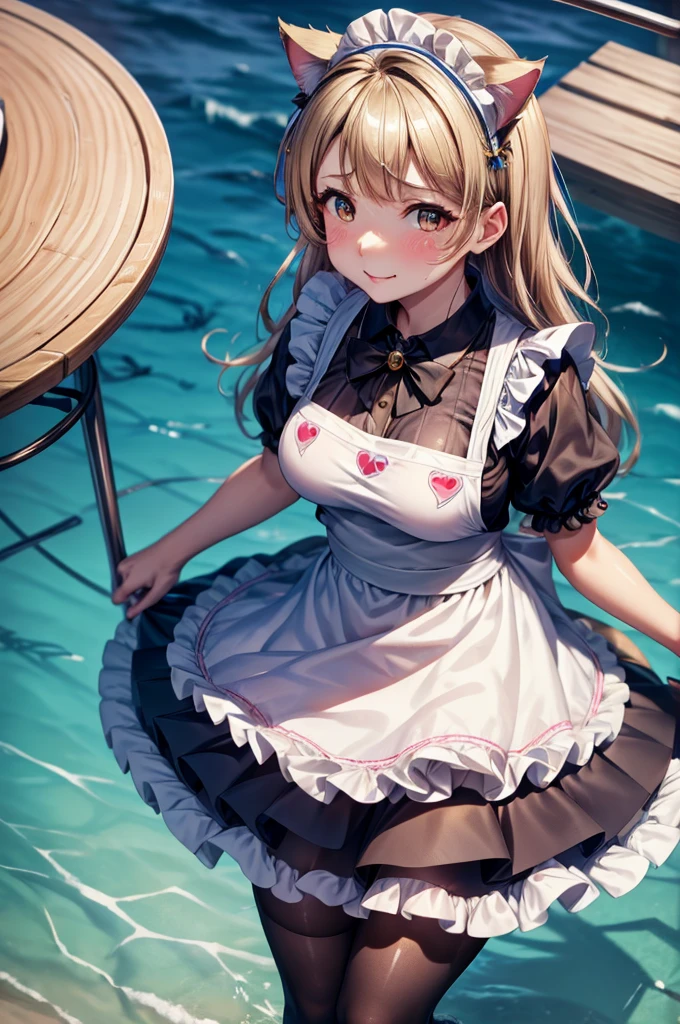 Close-up from below、Close-up from below、Thigh close-up、Thigh close-up、naked、apron、Cat ears、water-repellent skin,radiant skin,Her skirt is flipped up、Minami Kotori, from Love Live,The pants are exposed、oil skin, swearting, pantyhose, oil skin, sweating, blush, pantyhose, wet, thighs glistening with liquid allure,Stylish girl, wearing a apron, detailed accessories,