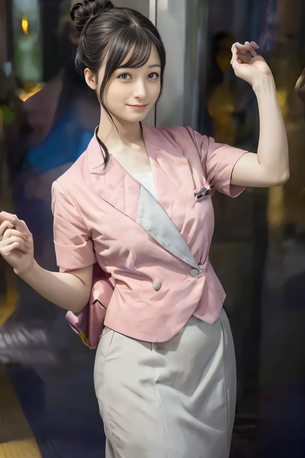 (masterpiece:1.2, Best Quality:1.2), 32K HDR, High resolution, (Alone、1 girl)、（On the roof of a building during the day、Professional Lighting）、Building rooftop background、（Nankai train crew uniform pinkを着たリアルスタイル）、（Nankai Railway crew uniform, pink, short sleeve, collarless, pink jacket、Nankai Railway crew uniform pink no-collar short-sleeve blouse、Nankai Railway crew uniform pink grey knee-length culottes）、（（The bottom of the pink short-sleeved jacket cannot be tucked into the clay-colored culottes..））、Dark brown hair、（Hair tied up、Hair Bun、Hair Bun）、Dark brown hair、Long Shot、Big Breasts、Thin legs、（（Great hands：2.0）），（（Harmonious body proportions：1.5）），（（Normal limbs：2.0）），（（Normal finger：2.0）），（（Delicate eyes：2.0）），（（Normal eyes：2.0））)、smile、（Nankai Railway crew uniform pink grey knee-length culottesを見せた美しい立ち姿）
