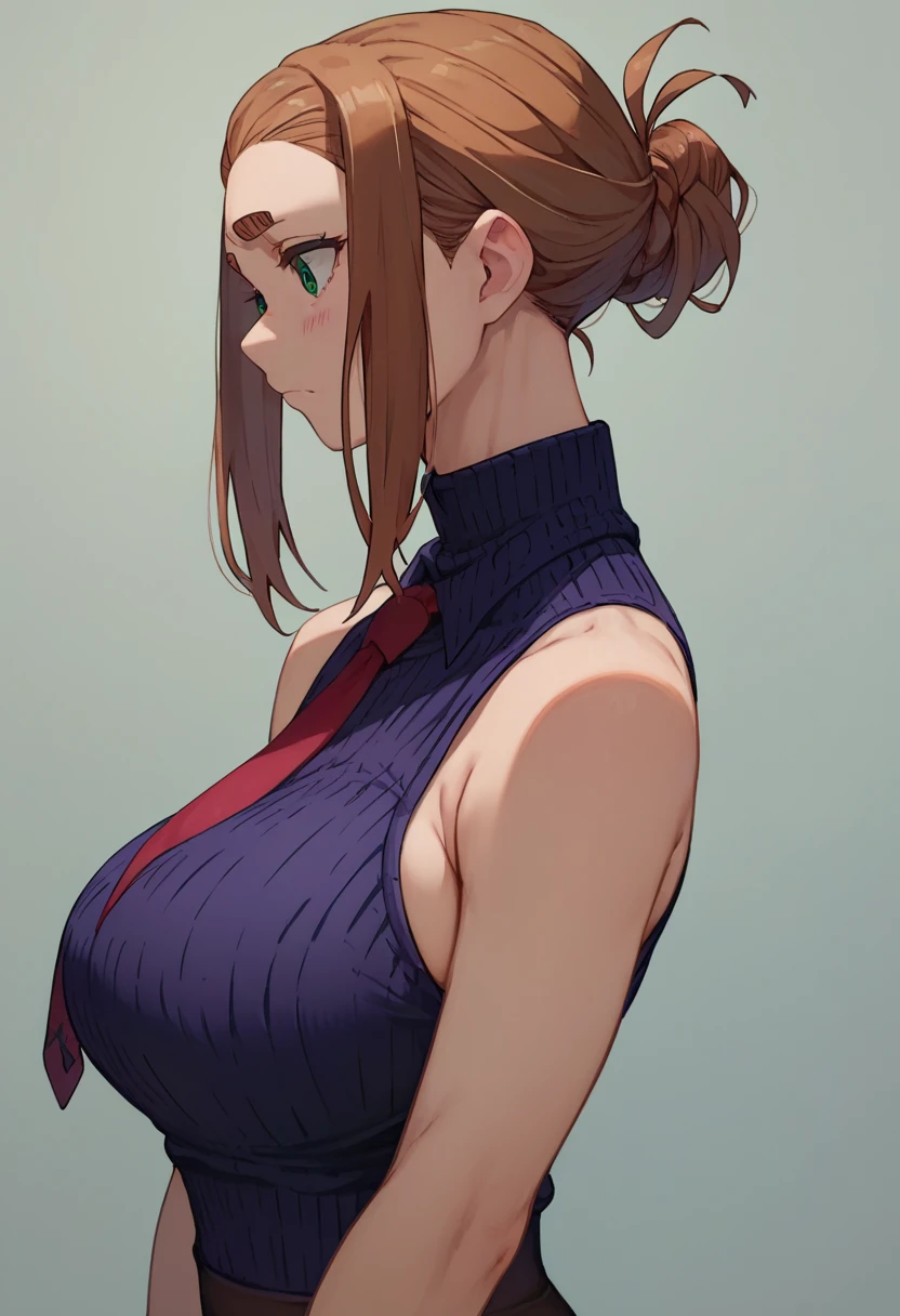 ,Ogawa Sumireko, 1 girl, (((Big Breasts))), Tie your hair up, Bushy eyebrows, (Sleeveless white high neck knit、Ribbed knit、Black tight skirt、Dark Pantyhose、pumps、Standing)、The whole body is visible、From the side