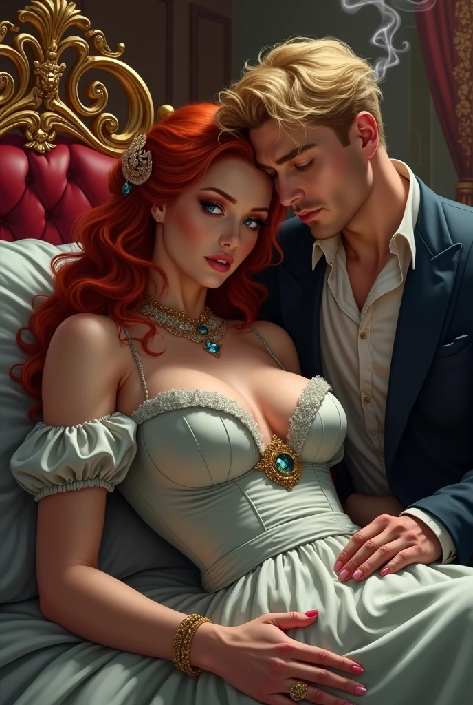 Beautiful, Elegant Historical Nobel Lady,Dark red hair,bright yellow eye,Long hair, Seductive dress , sitting on a royal bed ,Savage facial expression,fair skin, sitting with a prince