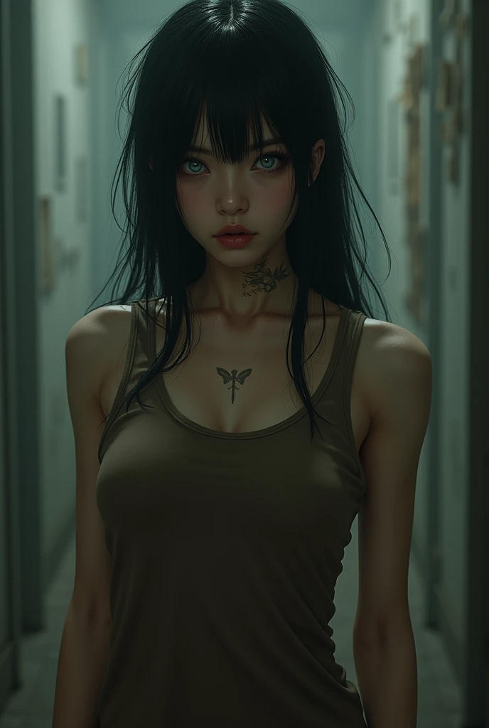 A girl, in the secret room, escape, eerie background, boneless background, terrifying picture, terrifying light, the girl's face is bloodless, there are wounded bandages on her arms, blood on the ground,