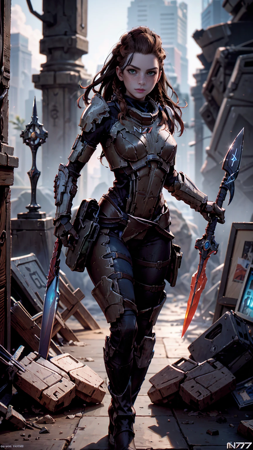 Aloy from horizon forbidden west, short stature, rock climber physique, green eyes, reddish brown hair, braids, hair tubes, hair ornaments, freckles, thick eyebrows, BREAK: wearing makeshift armor, ((wearing salvaged parts of N7 armor)), (armor detail text reads "NY"), wearing flat heeled boots, ((holding an omni-blade shaped like a spear)), BREAK: excited expression, detailed eyes, beautiful lips, intricately detailed hands, best hands, perfect hands, BREAK: 8k, absurdres, award-winning game art, promotional art, strong details in everything, sharp shadows, studio lighting, BREAK: interior of techno ruins, contrapposto stance, in various fighting poses, BREAK: HFWAloy, N7armor, omniblade