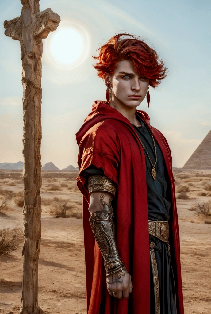 1 man,  handsome young man , earrings,  red hair with short bob haircut , , looks at the viewer with angry eyes ( red eyes ), красный pupils burning brightly, masterpiece, realistic anatomy sports, Divine Rays, 8K rendering, Gothic, Japanese style, realism, light robe of an Egyptian god ,   RED EYES ,, lip piercing, Scarlet eyes, full height, открыть clothes  ,stands in the middle of the desert ,gold jewelry,brave , дерзкий man , hood