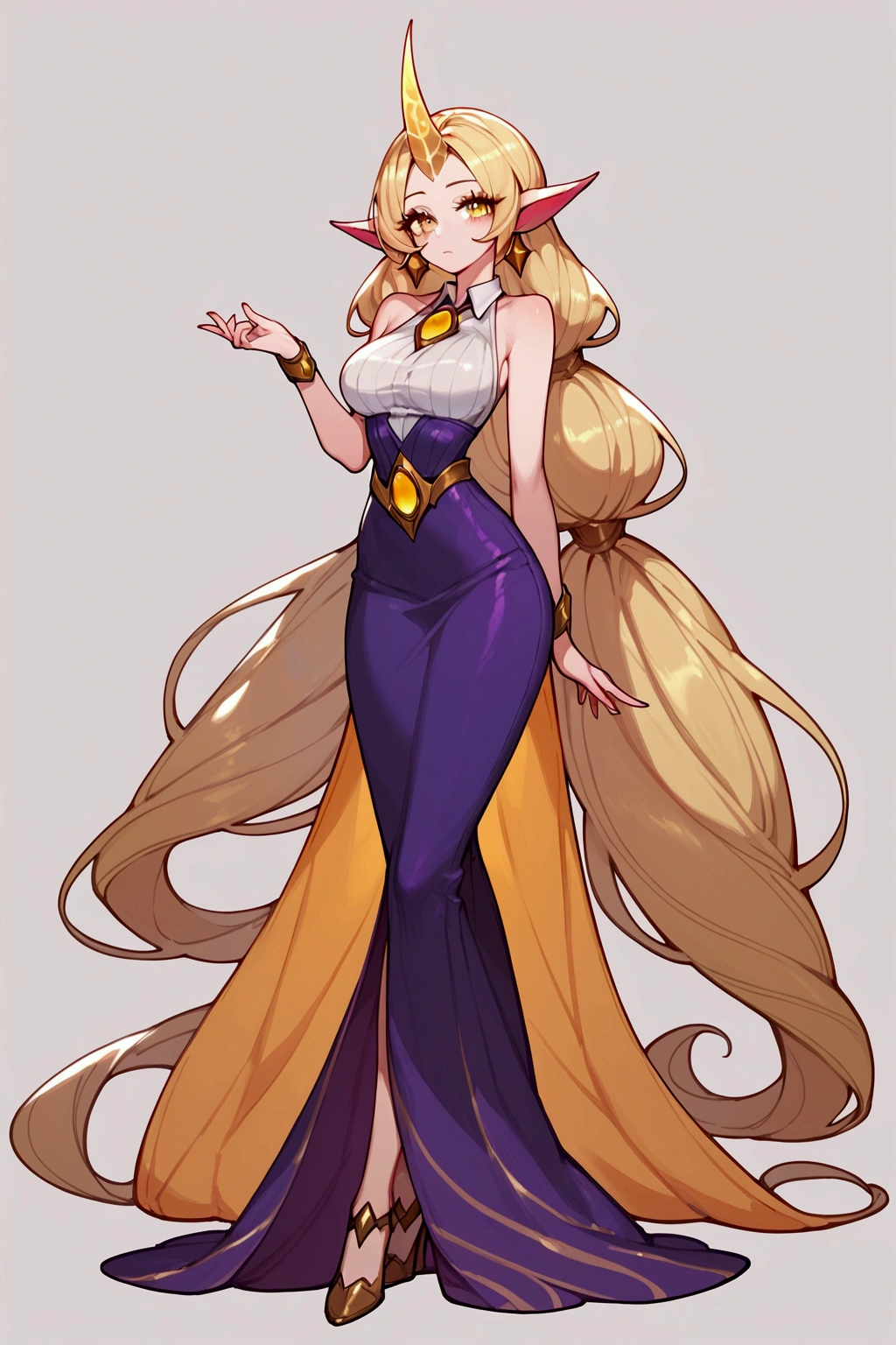 score_9, score_8_up, score_7_up, Soraka (league of legends), 1 girl, yellow eyes, horn on her forehead, blonde hair, sexy, full body, squinty eyes, earrings, long eyelashes, sexy, big bust, pretty face, kawaii dress