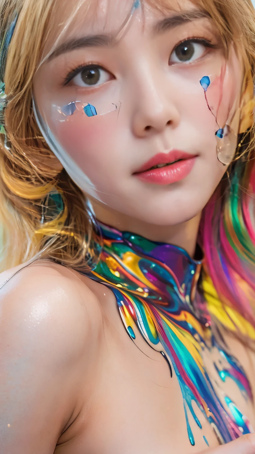 ((Best Quality, 8k, masterpiece:1.31 Girl, beautiful girl)), High resolution, cute, dynamism, Detailed face, Detailed skin, fine grain, Detailed lips, Realistic, RAW Photos, Natural Light, Perfect Anatomy, Dynamic pose, Toned Legs, Double eyelids, Tear bags, Round eyes, Moist lips, (Colorful body, Colorful liquid on a naked body:1.2), Colorful Hair, Rainbow Hair, Colorful background, Japanese Girls, Cowboy Shot, Sweaty, smile, Liquid Art, Half-closed eyes, , software, nipple slip, camel toe