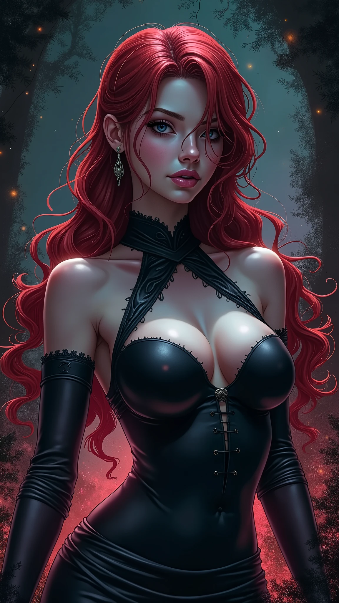A woman, with pale skin, being a beautiful dozenla owner of long red hair down to the end of her back, curves, a sharp body. Pair of black horns on her head, claws on her fingers and toes, emerald eyes, 1.97 tall, anime style