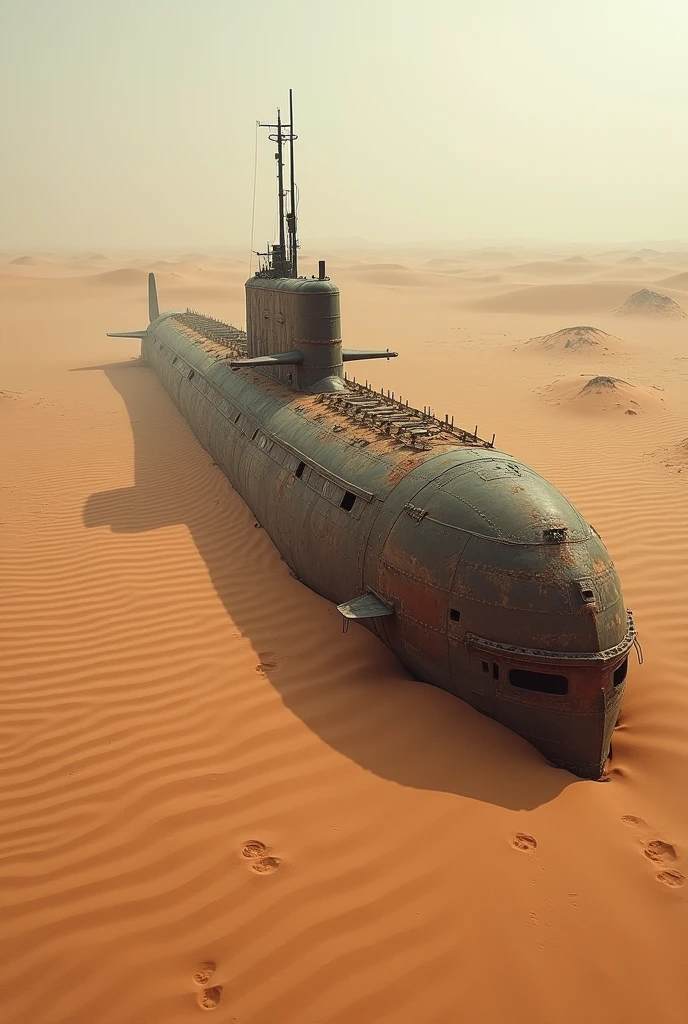 abandoned rusty and punctured russian nuclear submarine diving in the sands of the sahara desert,, detailed sand, as realistic as possible, work of art, award-winning work, background blur effect