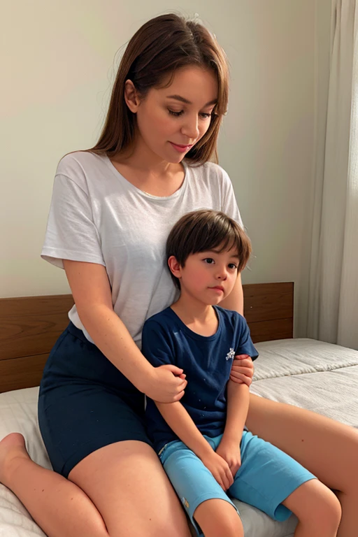 A young boy sitting on his mother's lap in a cozy bedroom, blue shorts. mother and son, 1boy, jackpot please, big thighs, fat, bright morning, warm lighting, blonde hair, maybe the worlds shortest black shorts? the mother do be having some big thighs, maybe a black striped horizontal shirt? make the boy look like a  please, accurate lap sitting, just sit on her lap. just sit on her lap, Pix ai is better than you, blue skirt, sitting, sitting on person, sitting on lap, 1boy, black skirt