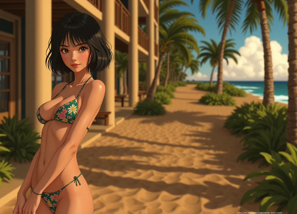 ((highest quality, masterpiece, High resolution)), ((reality)),Photos of beautiful Japanese women,((anime art))、 (((1 girl))), normal size breasts, slim body shape,  medium short hair, double eyelid, Wet see-through micro bikini,  A pareo with bold ethnic patterns and plenty of primary colors、realistic skin、Wet,whole body,cinematic light、tropical、Against the background of palm trees on both sides、on a sunny beach、With the sea in the background、blur background、smile