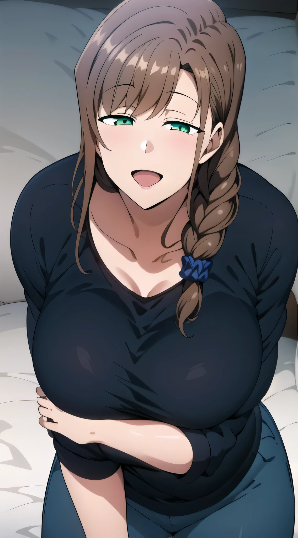 1girl, solo, long hair, looking at viewer, smile, open mouth, large breasts, browm hair, black bra and black panties, hair ornament, green eyes, collarbone, braid,  blue pants, (((black shirt))), half closed eyes,  single braid, scrunchie, hair over shoulder, hair scrunchie, mature female, wide hips. Posing seductively.