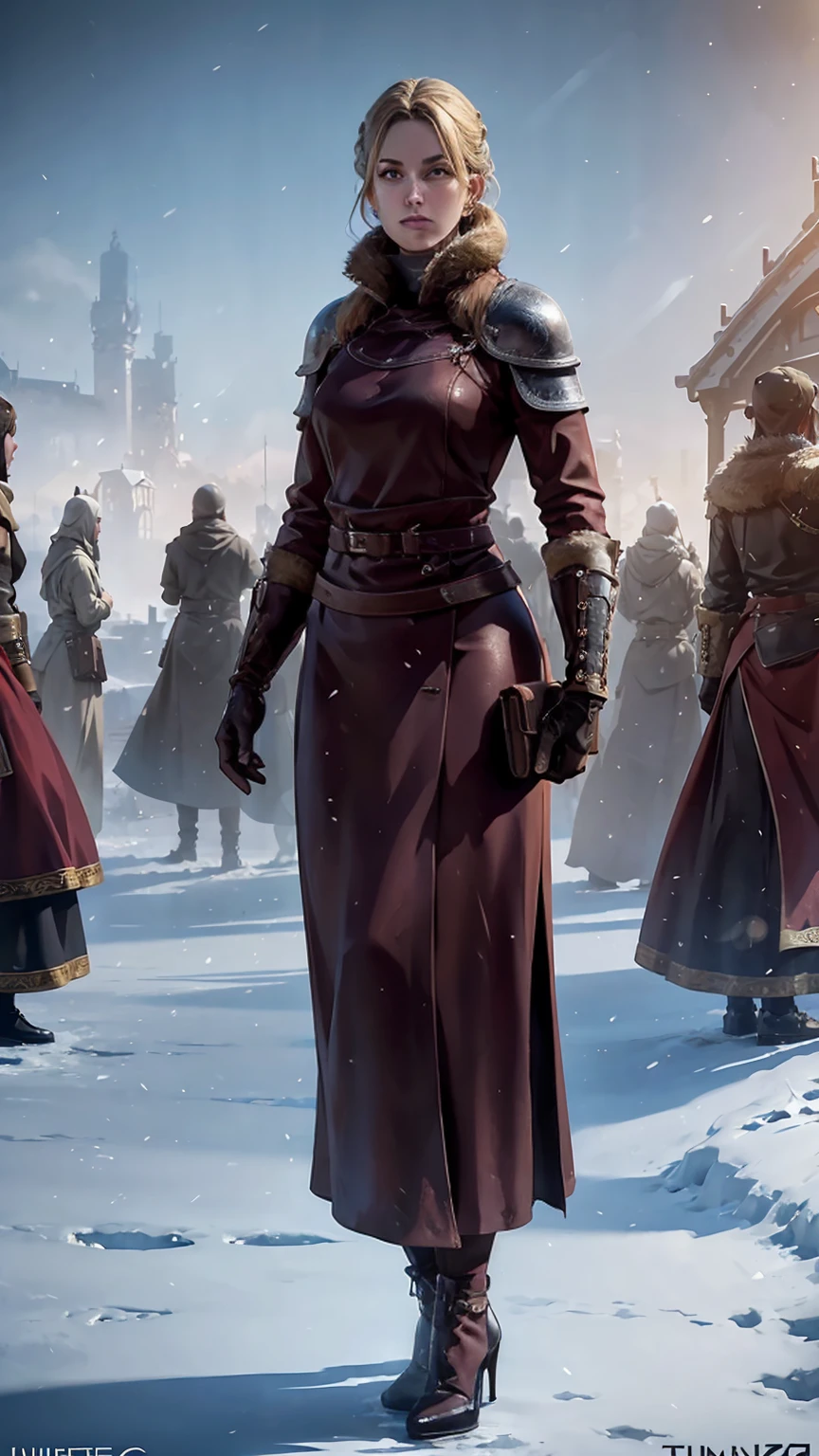 ((Full body shot, standing, feet on the ground)) frostpunk, Lena Headey as Cersei Lannister, blonde hair bun, make-up, long maroon fur coat, high heels, earrings, rings, standing in the frozen garden, 1woman, solo, beautiful detailed glow, detailed, cinematic light, intricate detail, realistic, highres, detailed facial features, high detail, sharp focus, smooth, aesthetic, extremely detailed, stamp, octane render