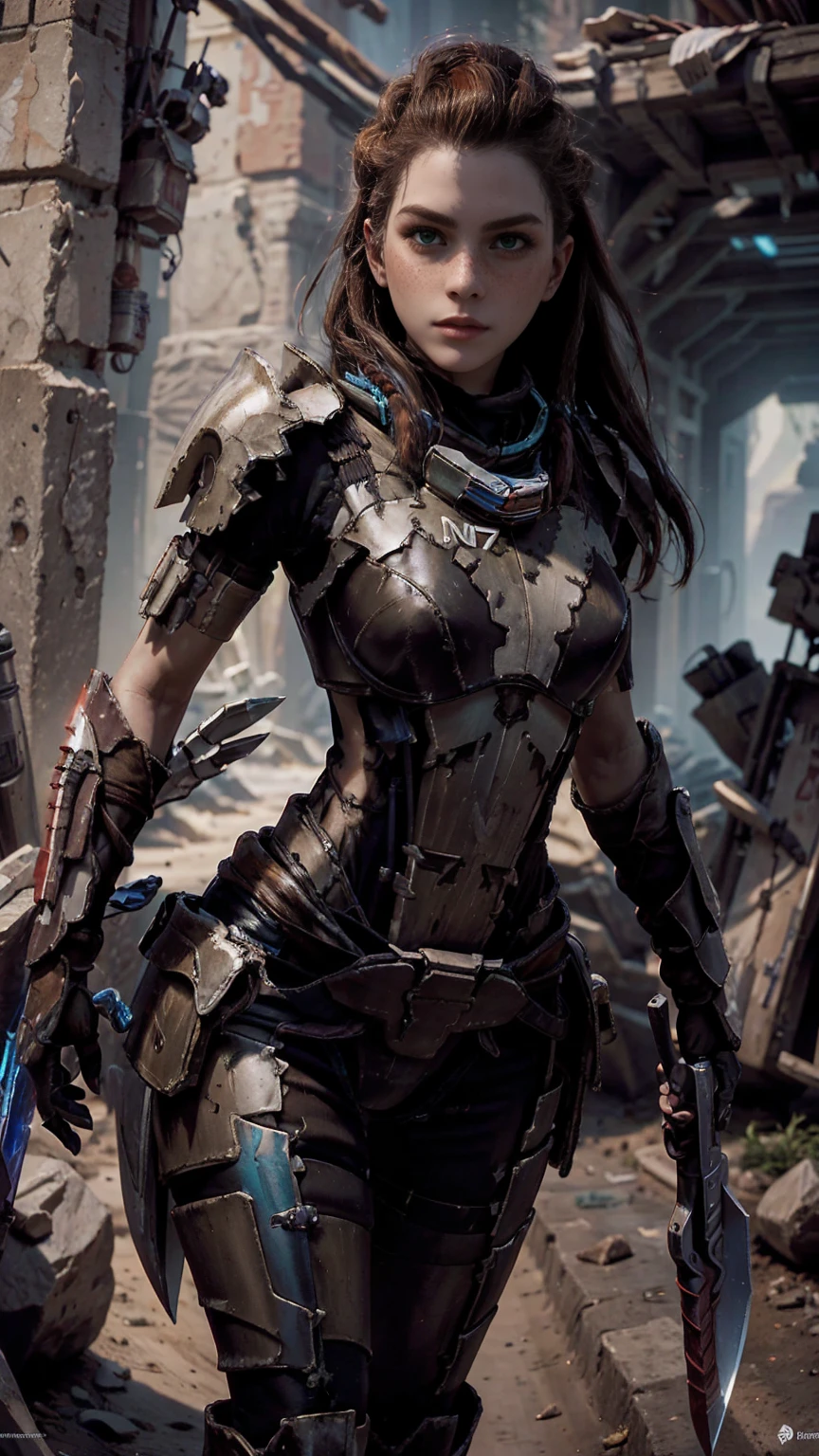 Aloy from horizon forbidden west, short stature, rock climber physique, green eyes, reddish brown hair, braids, hair tubes, hair ornaments, freckles, thick eyebrows, BREAK: wearing makeshift armor, ((wearing salvaged parts of N7 armor)), (armor detail text reads "NY"), wearing flat heeled boots, ((holding an omni-blade shaped like a spear)), BREAK: excited expression, detailed eyes, beautiful lips, intricately detailed hands, best hands, perfect hands, BREAK: 8k, absurdres, award-winning game art, promotional art, strong details in everything, sharp shadows, studio lighting, BREAK: interior of techno ruins, contrapposto stance, in various fighting poses, BREAK: HFWAloy, N7armor, omniblade