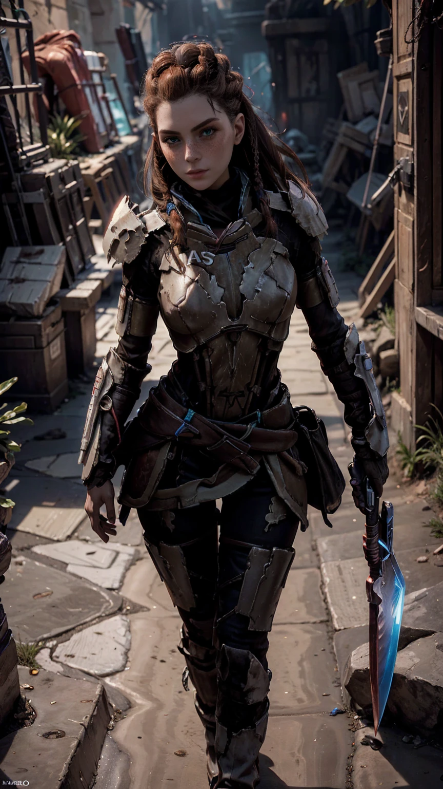 Aloy from horizon forbidden west, short stature, rock climber physique, green eyes, reddish brown hair, braids, hair tubes, hair ornaments, freckles, thick eyebrows, BREAK: wearing makeshift armor, ((wearing salvaged parts of N7 armor)), (armor detail text reads "NY"), wearing flat heeled boots, ((holding an omni-blade shaped like a spear)), BREAK: excited expression, detailed eyes, beautiful lips, intricately detailed hands, best hands, perfect hands, BREAK: 8k, absurdres, award-winning game art, promotional art, strong details in everything, sharp shadows, studio lighting, BREAK: interior of techno ruins, contrapposto stance, in various fighting poses, BREAK: HFWAloy, N7armor, omniblade