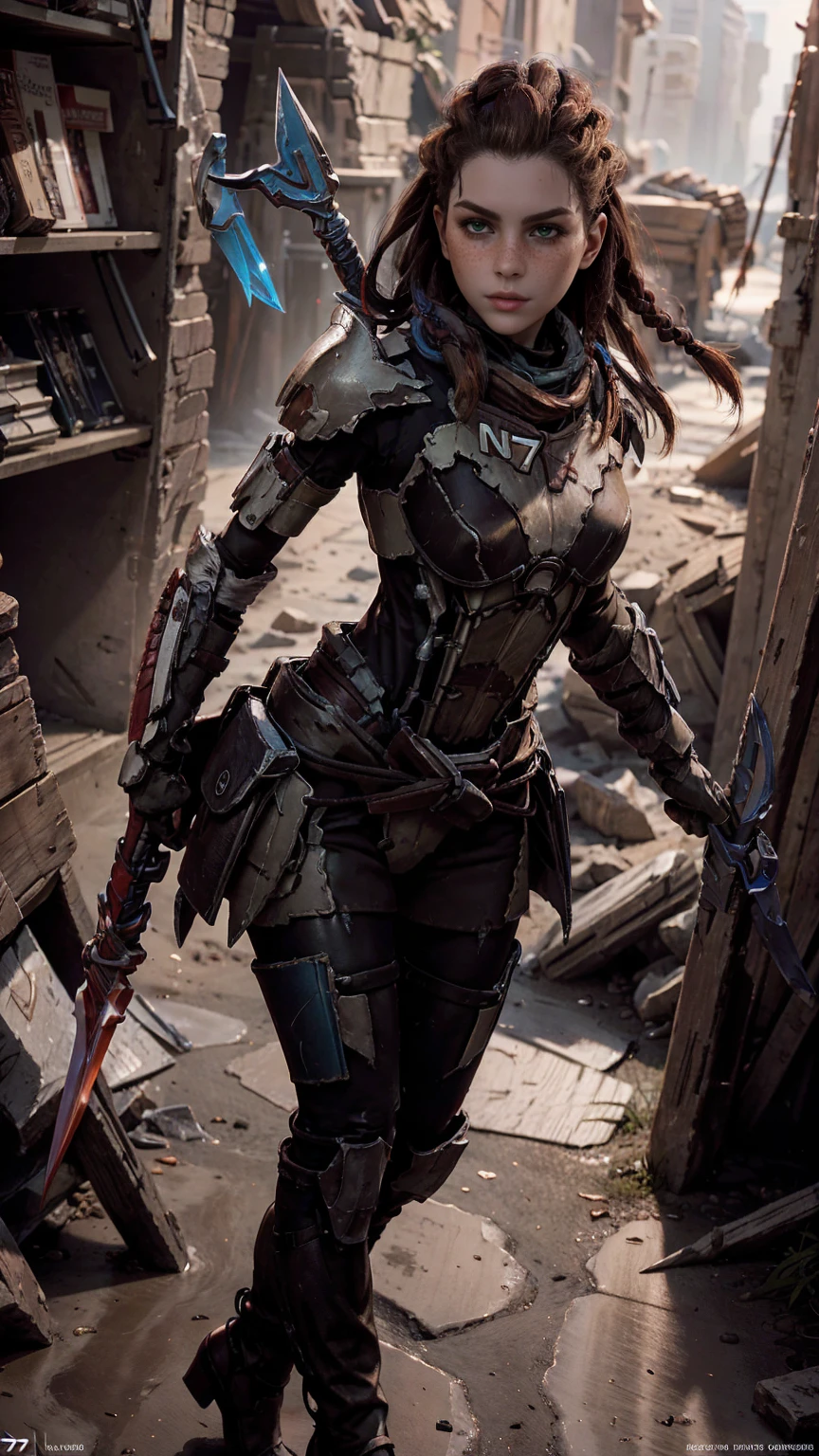 Aloy from horizon forbidden west, short stature, rock climber physique, green eyes, reddish brown hair, braids, hair tubes, hair ornaments, freckles, thick eyebrows, BREAK: wearing makeshift armor, ((wearing salvaged parts of N7 armor)), (armor detail text reads "NY"), wearing flat heeled boots, ((holding an omni-blade shaped like a spear)), BREAK: excited expression, detailed eyes, beautiful lips, intricately detailed hands, best hands, perfect hands, BREAK: 8k, absurdres, award-winning game art, promotional art, strong details in everything, sharp shadows, studio lighting, BREAK: interior of techno ruins, contrapposto stance, in various fighting poses, BREAK: HFWAloy, N7armor, omniblade