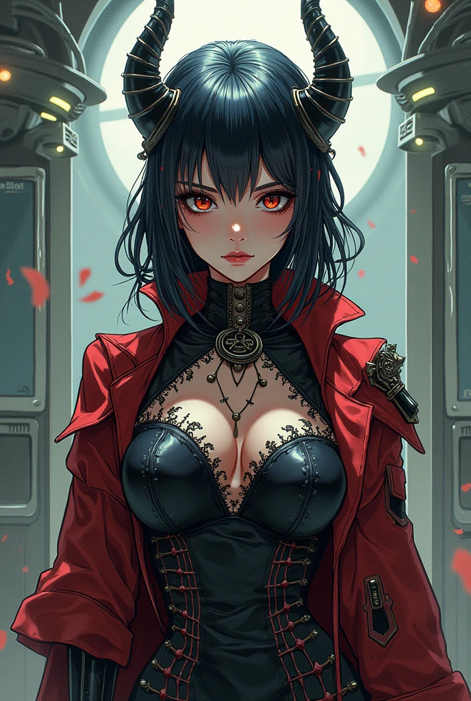 Fire Empress,medium black hair with red and black bangs,red color fringe lock,closed mouth,fat body,boredom expression,closed eyes,black eye shadow,eyeliner in eyes,black eye makeup,black latex clothing,sitting in a piano chair,playing piano,hand drawing,illustration,art nouveau