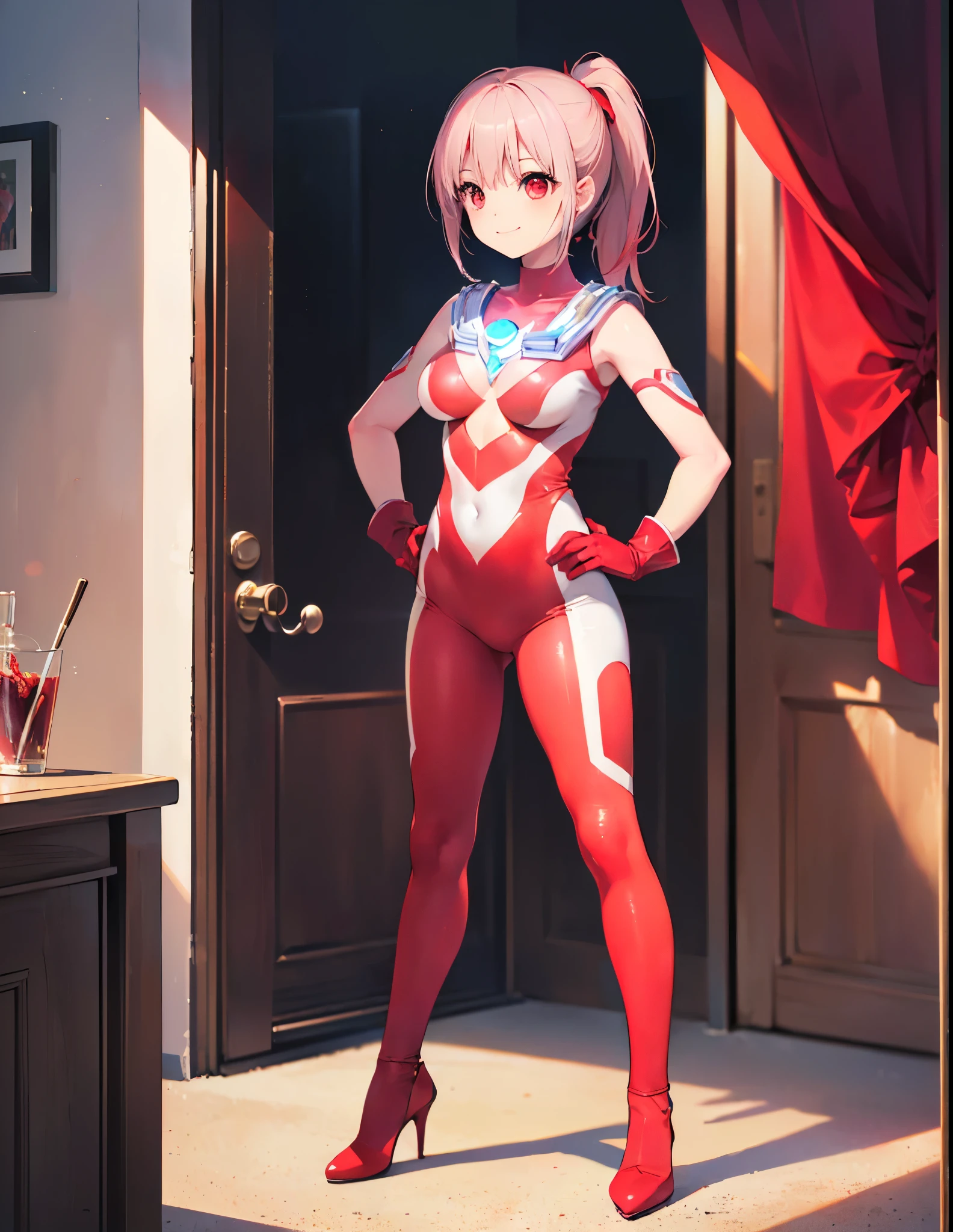 (Close-up:1.3),Realistic,Highest quality, Ultra Detail, High-quality CG rendering, The most delicate and beautiful, Floating softly, High resolution, (1 female), (Highest quality,4K,8k,masterpiece:1.2),(All red hair:1.5), (ponytail:1.5),(Red eyes:1.5), (Ultra Girl:1.0), (All red Ultraman bodysuit:1.5),(Do not expose your skin:1.5),(Slightly larger breasts:1.5),(Red gloves:1.3),(Red Shoes:1.3),(whole body:1.3),(smile:1.3),In a small room,(Are standing:1.4),(Turn your back to your audience:1.4),Butt