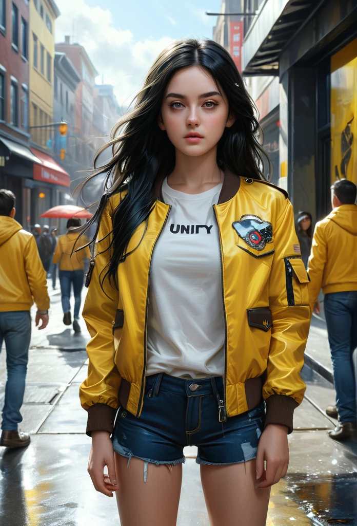 (Masterpiece), (Top Quality), (Best Illustration), (Photorealistic Painting), (Official Art, Highly Detailed CG Unity 8k Wallpaper), (Highly Detailed), ((Outrageous)), Medium Shot, One Girl, Yellow Jacket, Hands in Pockets, Staring at Another, Long Black Hair, Heterochromia, 8k Resolution, Highly Detailed, Anatomically Correct, Digital Painting, Concept Art, Sharp Resolution.