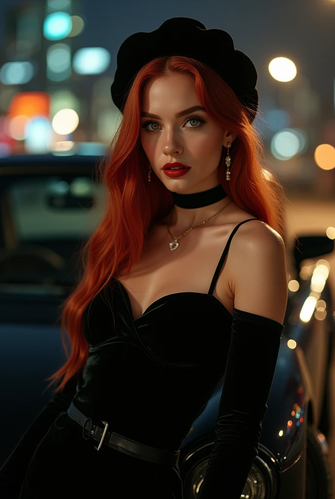 (((Masterpiece))), 25-year-old Caucasian French girl with shoulder-length messy red hair, adorned with , blooming hair akin to a royal . Captured in the best quality, this illustration serves as a 4K wallpaper, wearing a black dress, night city, blurred traffic of car lights in the background, black handbag, black high heels, lace tights,