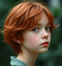 A four-year-old redhead girl with short curly hair and green eyes