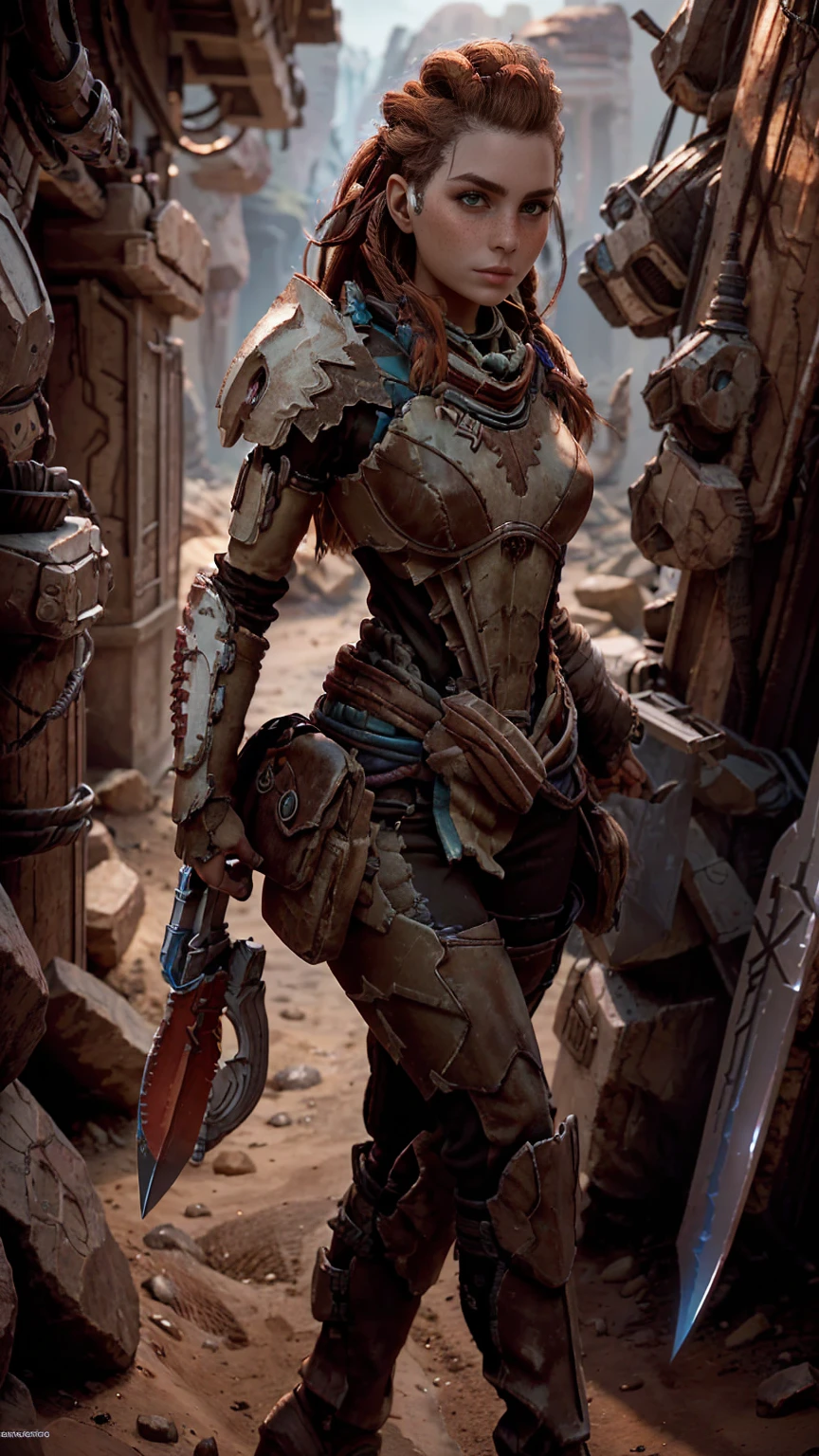 Aloy from horizon forbidden west, short stature, rock climber physique, green eyes, reddish brown hair, braids, hair tubes, hair ornaments, freckles, thick eyebrows, BREAK: wearing makeshift armor, ((wearing salvaged parts of N7 armor)), (armor detail text reads "NY"), wearing flat heeled boots, ((holding an omni-blade shaped like a spear)), BREAK: excited expression, detailed eyes, beautiful lips, intricately detailed hands, best hands, perfect hands, BREAK: 8k, absurdres, award-winning game art, promotional art, strong details in everything, sharp shadows, studio lighting, BREAK: interior of techno ruins, contrapposto stance, in various fighting poses, BREAK: HFWAloy, N7armor, omniblade