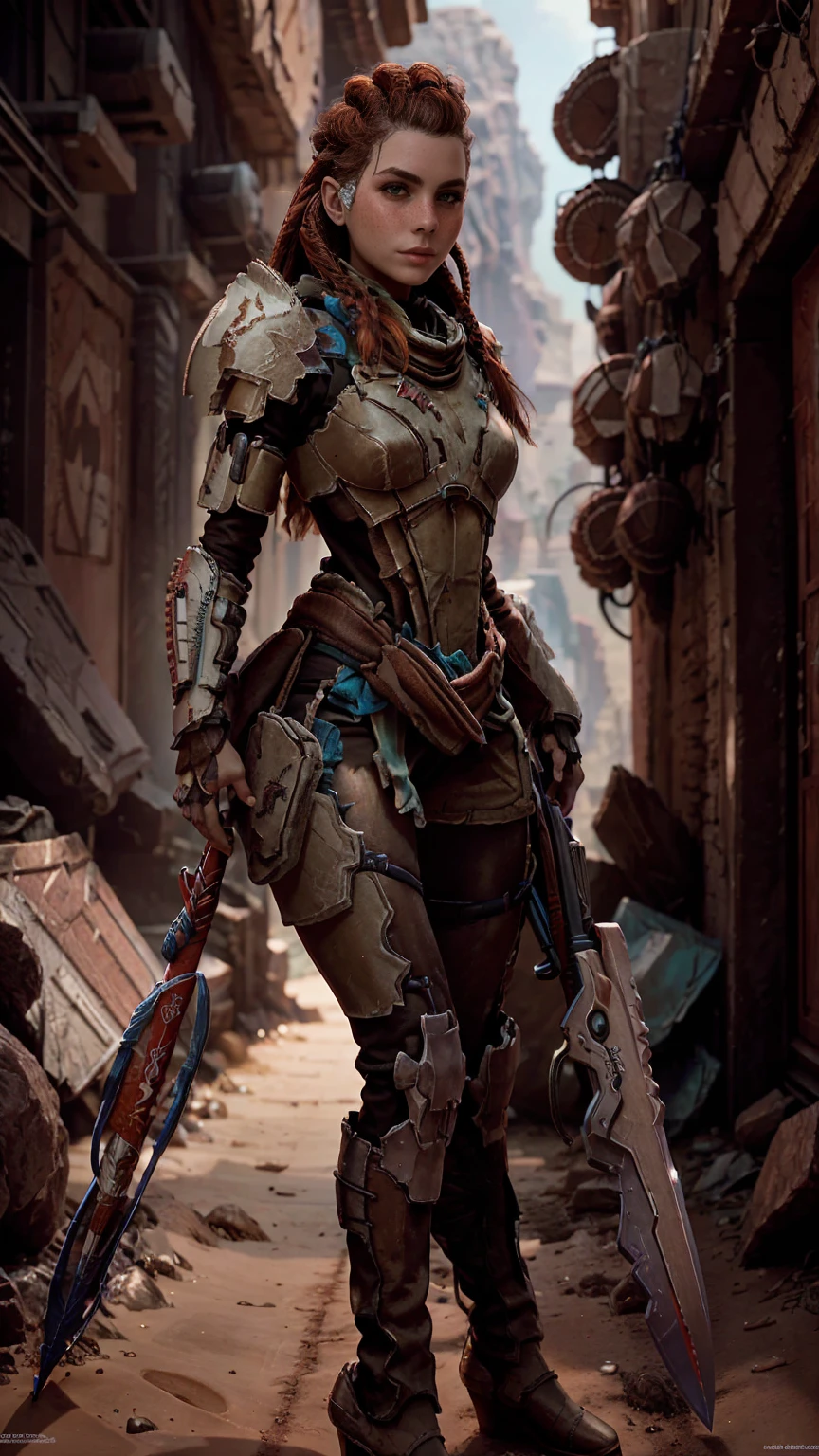 Aloy from horizon forbidden west, short stature, rock climber physique, green eyes, reddish brown hair, braids, hair tubes, hair ornaments, freckles, thick eyebrows, BREAK: wearing makeshift armor, ((wearing salvaged parts of N7 armor)), (armor detail text reads "NY"), wearing flat heeled boots, ((holding an omni-blade shaped like a spear)), BREAK: excited expression, detailed eyes, beautiful lips, intricately detailed hands, best hands, perfect hands, BREAK: 8k, absurdres, award-winning game art, promotional art, strong details in everything, sharp shadows, studio lighting, BREAK: interior of techno ruins, contrapposto stance, in various fighting poses, BREAK: HFWAloy, N7armor, omniblade