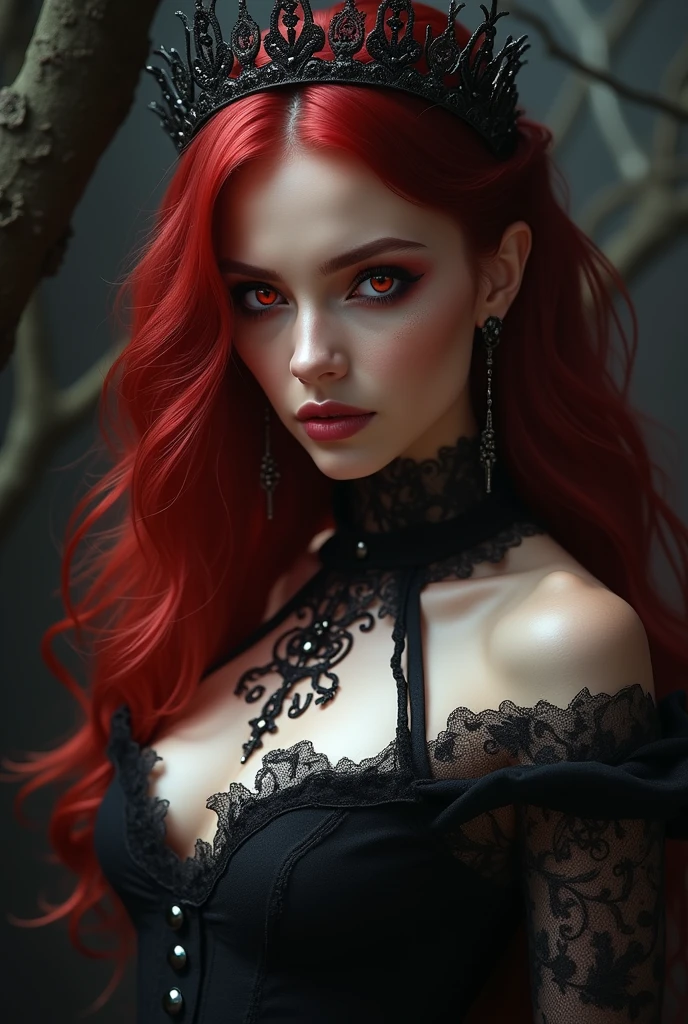 a girl from the waist up with a slightly dark complexion with long, wavy, cherry-colored hair wearing a red outfit with black and gold details looking straight ahead with a dark enchanted forest background