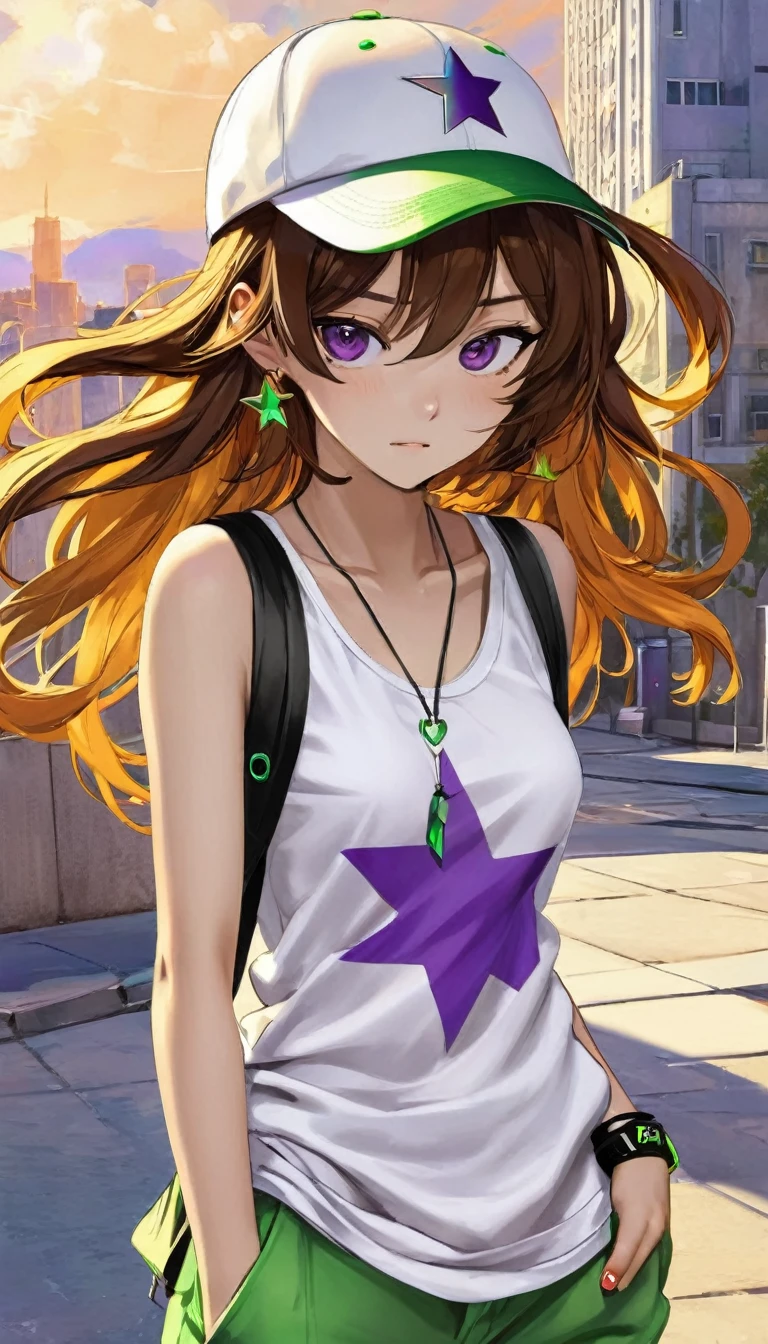 cute woman, psychopathic facial expression, loose fashion (baggy green and white shoulder-less T-shirts layered on top of each other, white and green baseball cap worn diagonally and low to cover one eye, baggy purple pants, sandals, black bra straps, black wristbands), big yellow star pendant, yellow headphones around her neck, striking beautiful eyes, glossy silky brown orange messy hair, amorous and lewd expression, perfect proportions, background swirling pastel marble pattern, cityscape, delicate and dynamic textures, contrasts of light and shadow, 2.5D, artistic photography, hyper realistic, digital graphic CG, ultra detailed, absolutely resolution, best quality