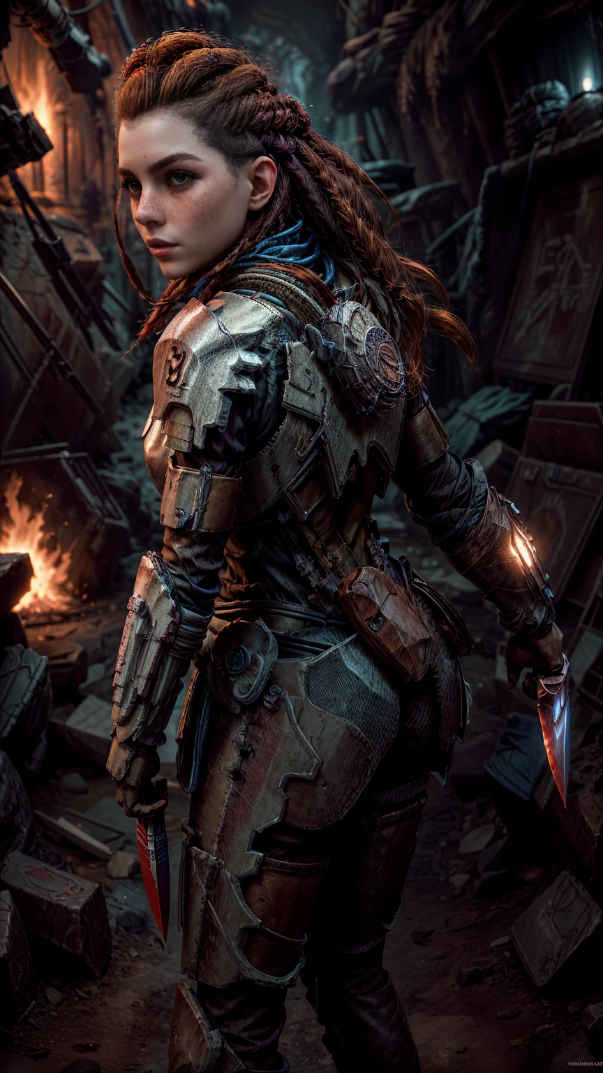 Aloy from horizon forbidden west, short stature, rock climber physique, green eyes, reddish brown hair, braids, hair tubes, hair ornaments, freckles, thick eyebrows, BREAK: wearing makeshift armor, ((wearing salvaged parts of N7 armor)), (armor detail text reads "NY"), wearing flat heeled boots, ((holding an omni-blade shaped like a spear)), BREAK: excited expression, detailed eyes, beautiful lips, intricately detailed hands, best hands, perfect hands, BREAK: 8k, absurdres, award-winning game art, promotional art, strong details in everything, sharp shadows, studio lighting, BREAK: interior of techno ruins, contrapposto stance, in various fighting poses, BREAK: HFWAloy, N7armor, omniblade