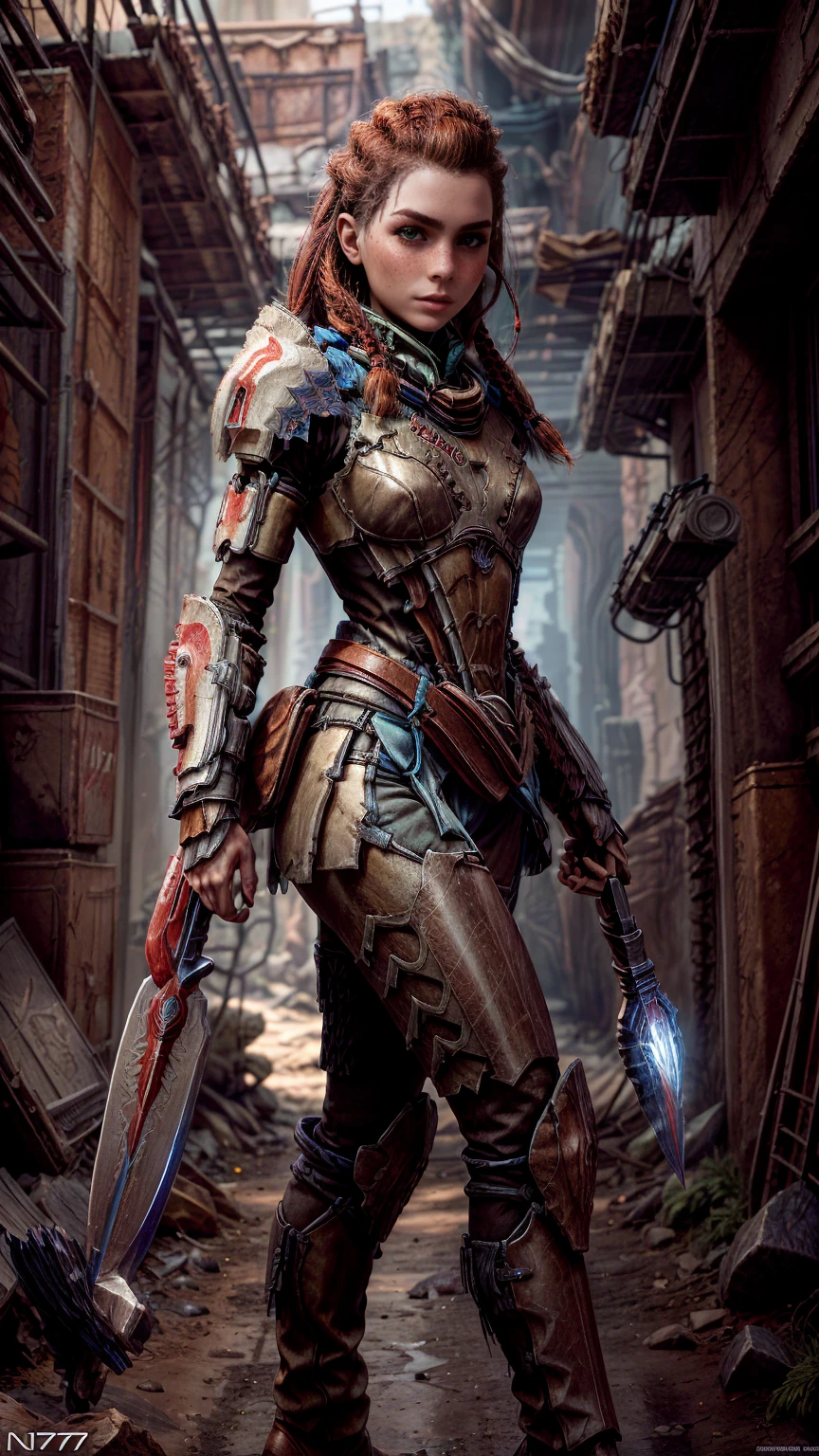 Aloy from horizon forbidden west, short stature, rock climber physique, green eyes, reddish brown hair, braids, hair tubes, hair ornaments, freckles, thick eyebrows, BREAK: wearing makeshift armor, ((wearing salvaged parts of N7 armor)), (armor detail text reads "NY"), wearing flat heeled boots, ((holding an omni-blade shaped like a spear)), BREAK: excited expression, detailed eyes, beautiful lips, intricately detailed hands, best hands, perfect hands, BREAK: 8k, absurdres, award-winning game art, promotional art, strong details in everything, sharp shadows, studio lighting, BREAK: interior of techno ruins, contrapposto stance, in various fighting poses, BREAK: HFWAloy, N7armor, omniblade