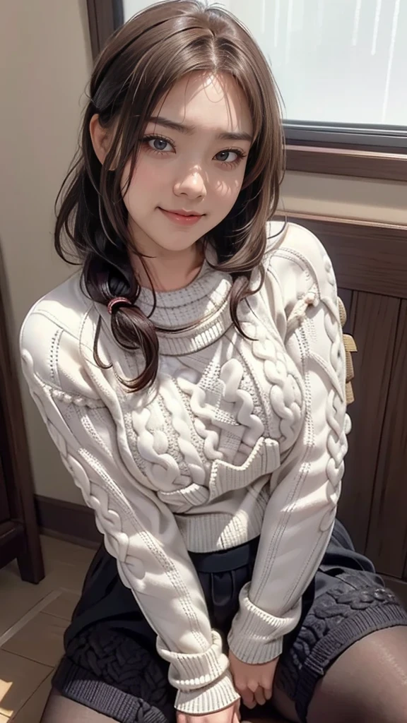 (middle-aged woman:1.2),(random pose),(random hairstyle),(Highest image quality,(8K), Ultra-realistic, Best Quality, High quality, High Definition, high quality texture, high detailing, Beautiful detailed, fine detailed, extremely details CG, Detailed texture, realistic representation of face, masterpiece, presence),virgin destroyer sweater,black pantyhose,spread legs, smile, happy, (cable-knit:1.6)