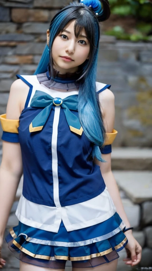 aaaqua, long hair, (blue hair:1.3), hair rings, hair ornament, choker, bare shoulders, green bow, blue shirt, detached sleeves, blue skirt, thighhighs,(大きな胸:1.6),one woman,cosplay,,large breasts,short of a person,whole body,thin,from front,high quality,photorealistic,dslr,masterpiece,highly detailed,japanese